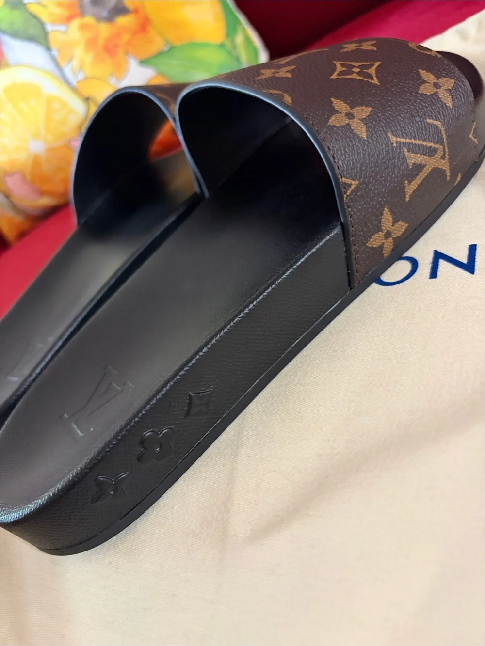 Louis Vuitton Monogram Slide Sandals in Brown & Black